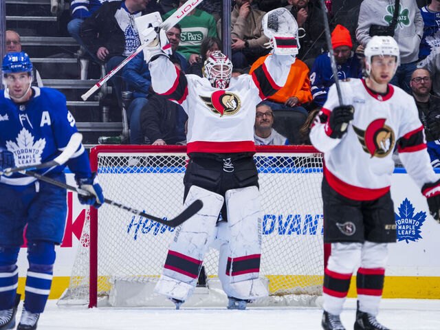 TORONTO, ON - MARCH 15: Linus Ullmark #35 of the Ottawa Senators celebrates after defeating the Toronto Maple Leafs at the Scotiabank Arena on March 15, 2025 in Toronto, Ontario, Canada.