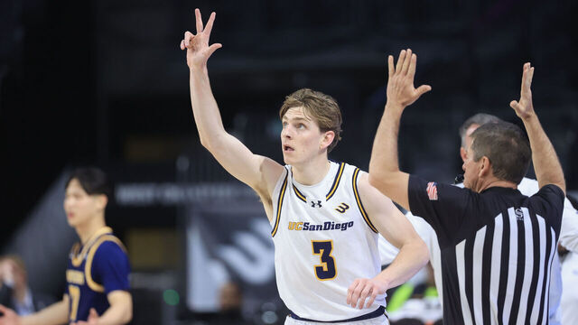 HENDERSON, NEVADA - MARCH 15: Hayden Gray #3 of the UC San Diego Tritons reacts after a three point basket in the first half of the Big West Men's Basketball Tournament Championship game against the UC Irvine Anteaters at Lee's Family Forum on March 15, 2025 in Henderson, Nevada.