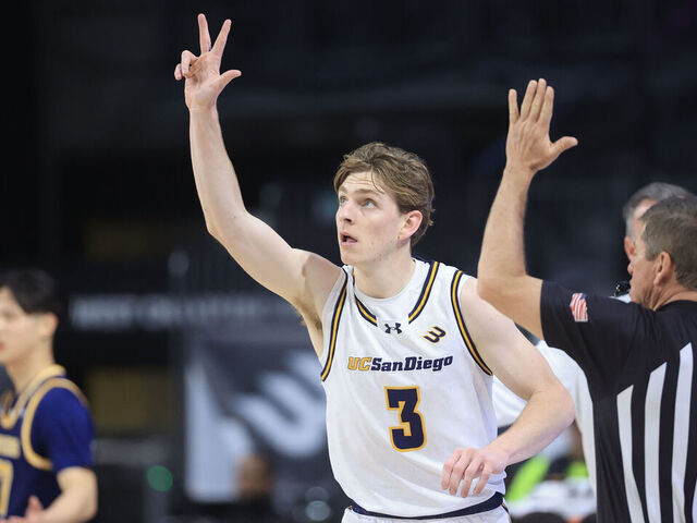HENDERSON, NEVADA - MARCH 15: Hayden Gray #3 of the UC San Diego Tritons reacts after a three point basket in the first half of the Big West Men's Basketball Tournament Championship game against the UC Irvine Anteaters at Lee's Family Forum on March 15, 2025 in Henderson, Nevada.