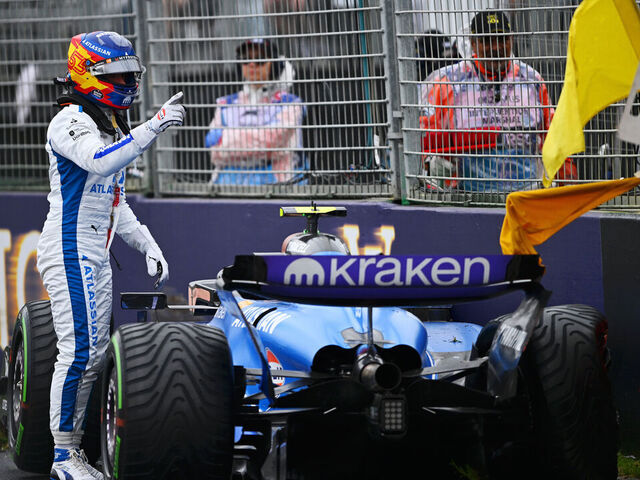 MELBOURNE, AUSTRALIA - MARCH 16: Carlos Sainz of Spain driving the (55) Williams FW47 Mercedes crashes during the F1 Grand Prix of Australia at Albert Park Grand Prix Circuit on March 16, 2025 in Melbourne, Australia.
