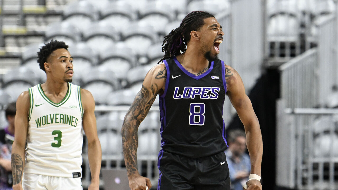 LAS VEGAS, NEVADA - MARCH 15: Collin Moore #8 of the Grand Canyon Antelopes reacts to a foul call against the Utah Valley Wolverines in the first half of the championship game of the Western Athletic Conference men’s basketball tournament at the Orleans Arena on March 15, 2025 in Las Vegas, Nevada.