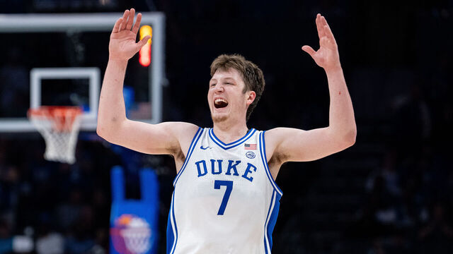 CHARLOTTE, NORTH CAROLINA - MARCH 15: Kon Knueppel #7 of the Duke Blue Devils reacts in the second half against the Louisville Cardinals during the championship round of the ACC men's basketball tournament at Spectrum Center on March 15, 2025 in Charlotte, North Carolina.