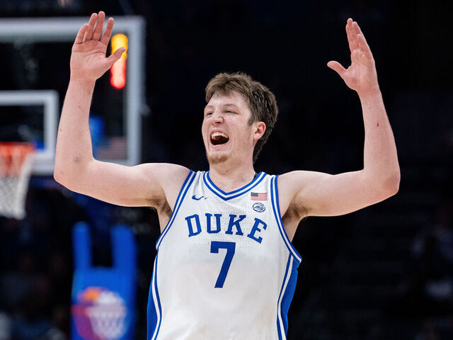 CHARLOTTE, NORTH CAROLINA - MARCH 15: Kon Knueppel #7 of the Duke Blue Devils reacts in the second half against the Louisville Cardinals during the championship round of the ACC men's basketball tournament at Spectrum Center on March 15, 2025 in Charlotte, North Carolina.