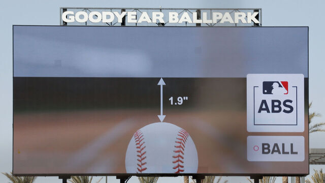 GOODYEAR, ARIZONA - FEBRUARY 27: A general view of the scoreboard during an ABS challenge in the sixth inning of the game between the Cincinnati Reds and the Arizona Diamondbacks during a spring training game at Goodyear Ballpark on February 27, 2025 in Goodyear, Arizona.