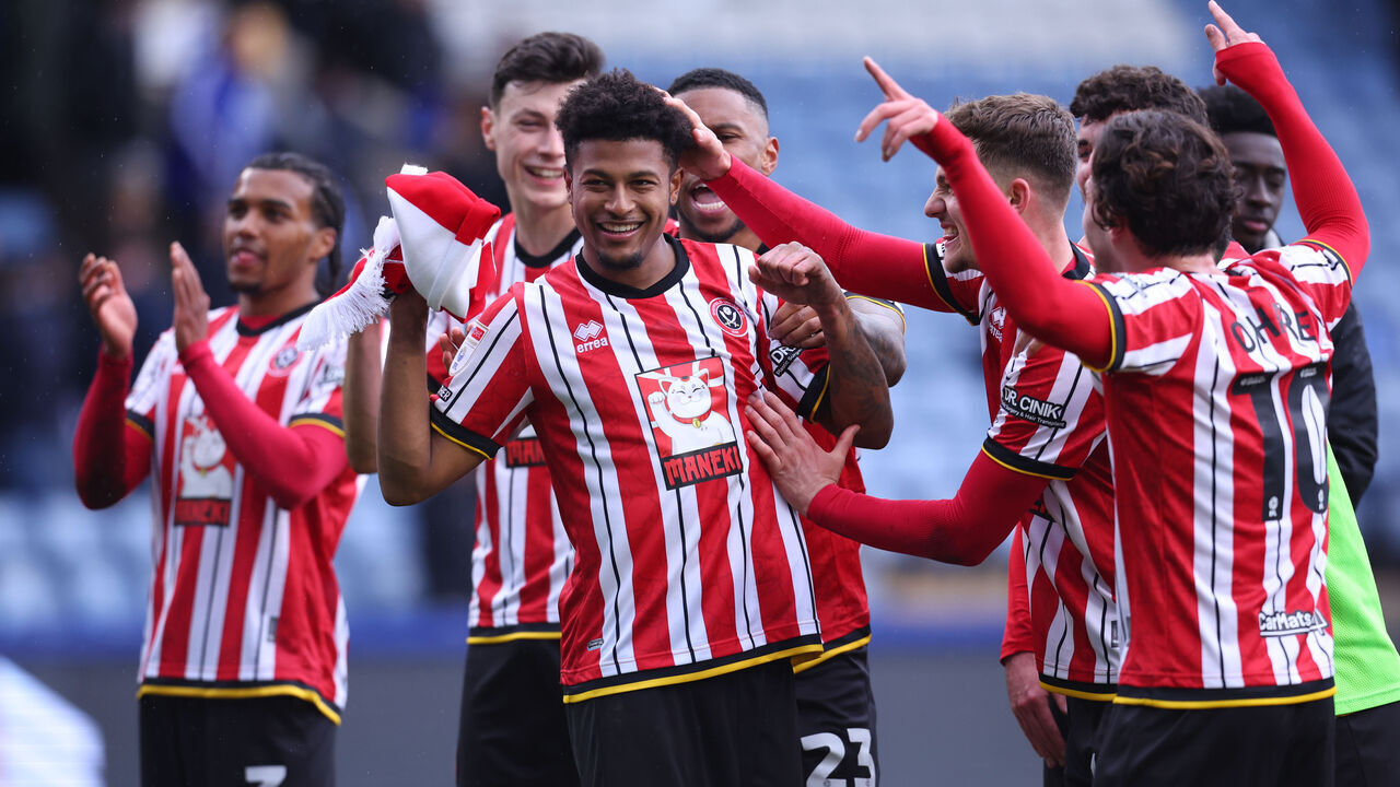 SHEFFIELD, ENGLAND - MARCH 16: Rhian Brewster of Sheffield United celebrates after winning the Sky Bet Championship match between Sheffield Wednesday FC and Sheffield United FC at Hillsborough on March 16, 2025 in Sheffield, England.