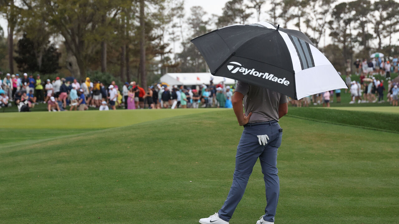 PONTE VEDRA BEACH, FLORIDA - MARCH 16: Rory McIlroy of Northern Ireland stands under an umbrella on the 11th hole during the final round of THE PLAYERS Championship on the Stadium Course at TPC Sawgrass on March 16, 2025 in Ponte Vedra Beach, Florida.