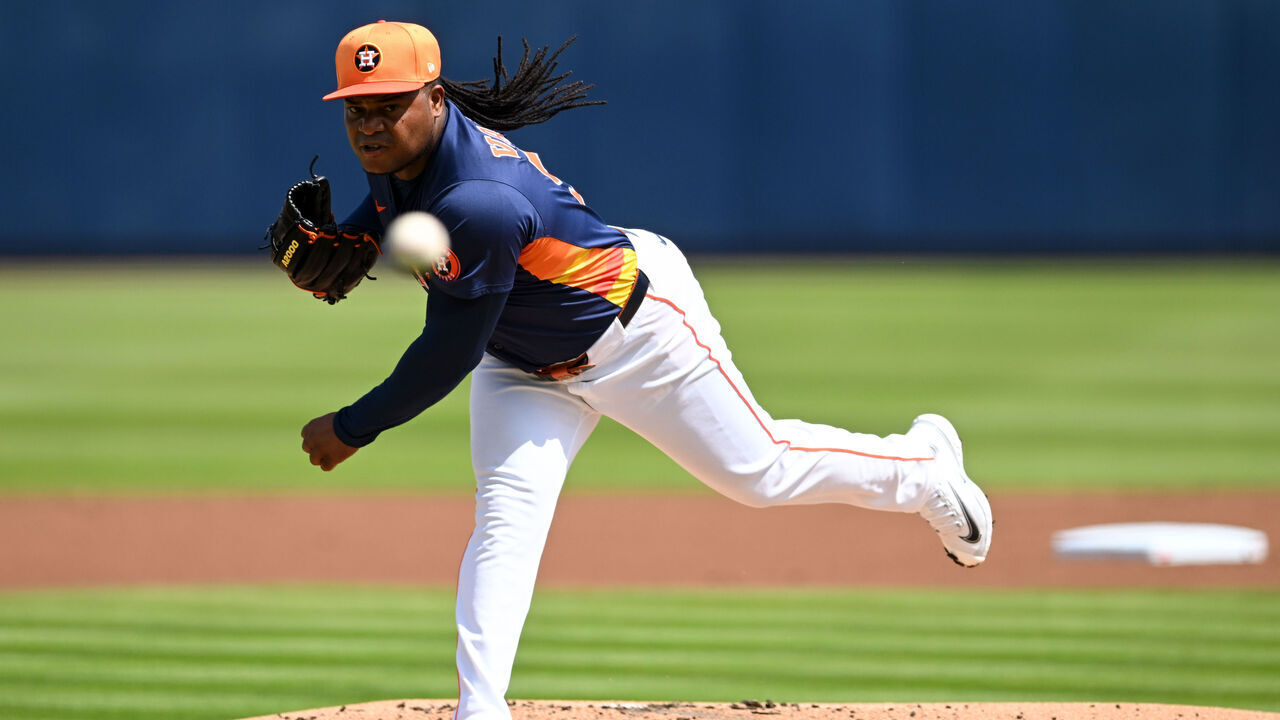 WEST PALM BEACH, FLORIDA - MARCH 15: Framber Valdez #59 of the Houston Astros throws a pitch during the first inning of a spring training game against the Miami Marlins at CACTI Park of the Palm Beaches on March 15, 2025 in West Palm Beach, Florida.