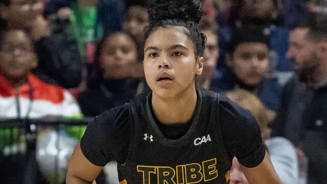 COLLEGE PARK, MD - DECEMBER 19: William & Mary Tribe guard Bella Nascimento (5) dribbles forward during a women's college basketball game between the Maryland Terrapins and the William & Mary Tribe on December 19, 2024, at Xfinity Center, in College Park, Maryland.
