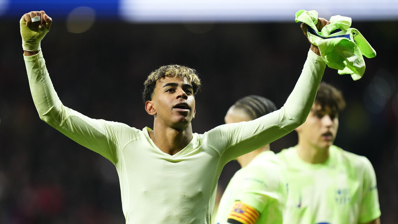 Lamine Yamal right winger of Barcelona and Spain celebrates after scoring his sides first goal during the La Liga match between Atletico de Madrid and FC Barcelona at Riyadh Air Metropolitano on March 16, 2025 in Madrid, Spain.