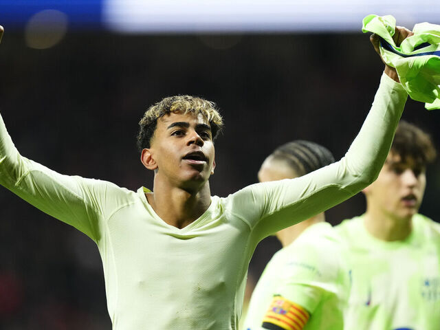 Lamine Yamal right winger of Barcelona and Spain celebrates after scoring his sides first goal during the La Liga match between Atletico de Madrid and FC Barcelona at Riyadh Air Metropolitano on March 16, 2025 in Madrid, Spain.