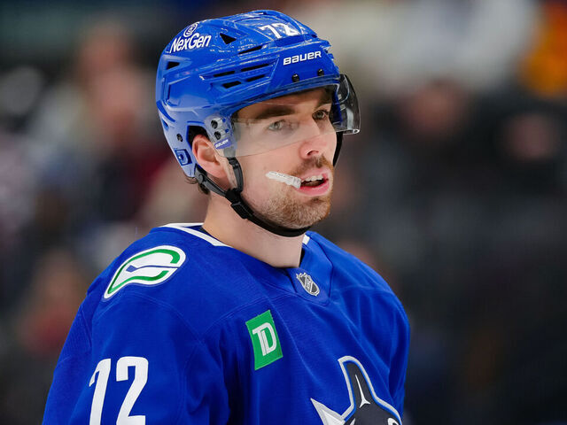 VANCOUVER, CANADA - MARCH 11: Filip Chytil #72 of the Vancouver Canucks looks on during the third period of their NHL game against the Montréal Canadiens at Rogers Arena on March 11, 2025 in Vancouver, British Columbia, Canada.