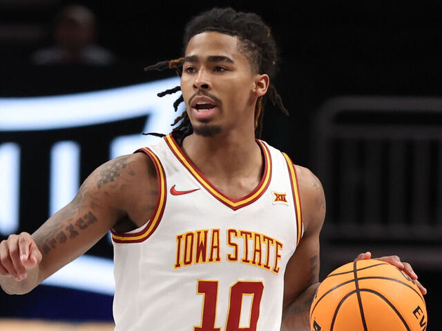 KANSAS CITY, MO - MARCH 12: Iowa State Cyclones guard Keshon Gilbert (10) in the first half of a Big 12 tournament game between the Cincinnati Bearcats and Iowa State Cyclones on March 12, 2025 at T-Mobile Center in Kansas City, MO.