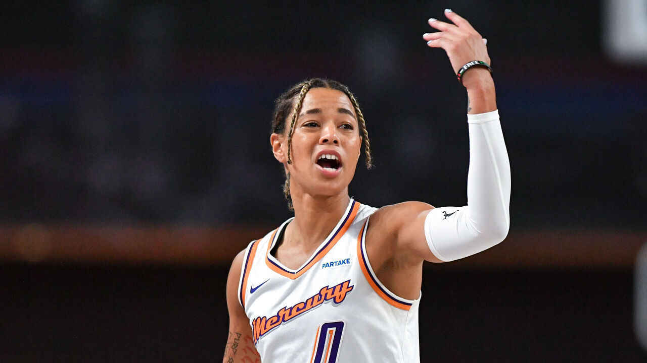 COLLEGE PARK, GA AUGUST 21: Phoenix guard Natasha Cloud (0) reacts during the WNBA game between the Phoenix Mercury and the Atlanta Dream on August 21st, 2024 at the Gateway Arena in College Park, GA.