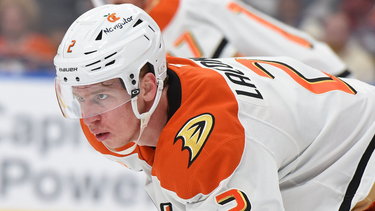 EDMONTON, CANADA - MARCH 4: Jackson LaCombe #2 of the Anaheim Ducks awaits a face-off during the game against the Edmonton Oilers at Rogers Place on March 4, 2025, in Edmonton, Alberta, Canada.