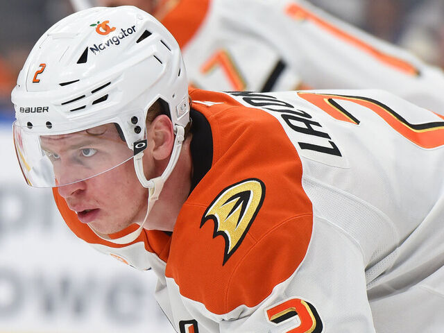EDMONTON, CANADA - MARCH 4: Jackson LaCombe #2 of the Anaheim Ducks awaits a face-off during the game against the Edmonton Oilers at Rogers Place on March 4, 2025, in Edmonton, Alberta, Canada.