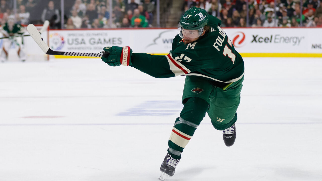 ST. PAUL, MN - FEBRUARY 25: Minnesota Wild left wing Marcus Foligno (17) shoots the puck during the NHL game between the Detroit Red Wings and Minnesota Wild on February 25th, 2025, at the Xcel Energy Center in St. Paul, MN.