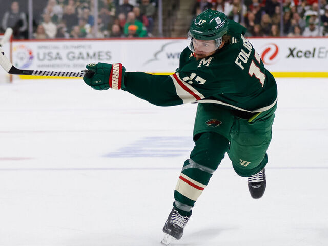 ST. PAUL, MN - FEBRUARY 25: Minnesota Wild left wing Marcus Foligno (17) shoots the puck during the NHL game between the Detroit Red Wings and Minnesota Wild on February 25th, 2025, at the Xcel Energy Center in St. Paul, MN.