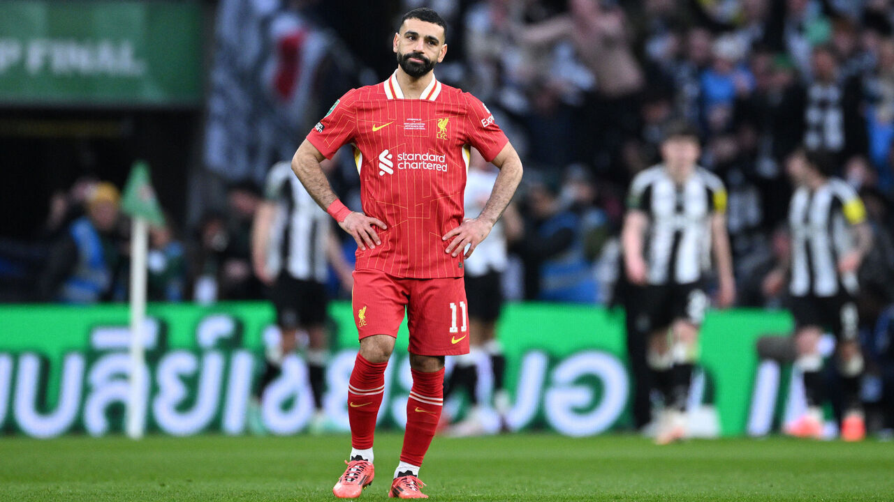 LONDON, ENGLAND - MARCH 16: Mohamed Salah of Liverpool looks dejected after Alexander Isak of Newcastle United (not pictured) scored his team's second goal during the Carabao Cup Final between Liverpool and Newcastle United at Wembley Stadium on March 16, 2025 in London, England.