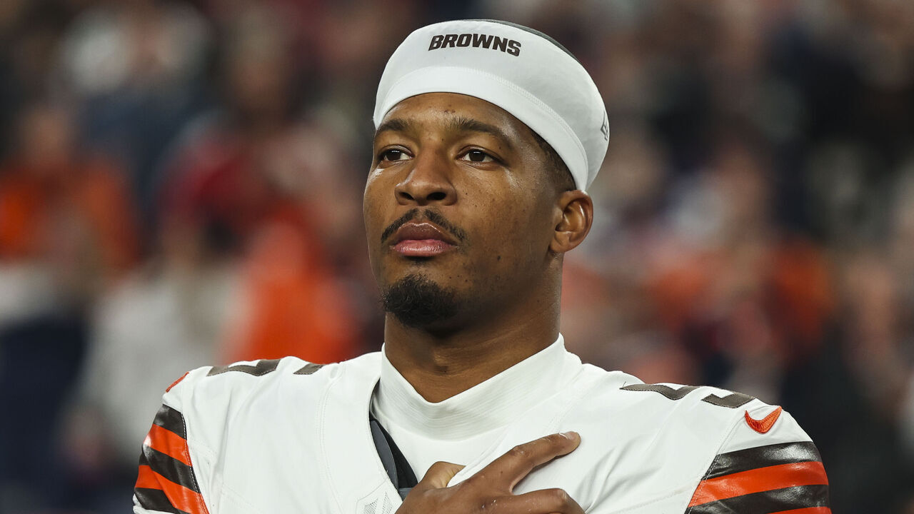 DENVER, COLORADO - DECEMBER 02: Jameis Winston #5 of the Cleveland Browns looks on from the sideline during the national anthem prior to an NFL football game against the Denver Broncos at Empower Field at Mile High on December 2, 2024 in Denver, Colorado