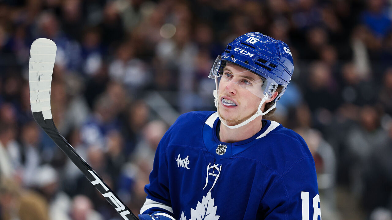 TORONTO, CANADA - MARCH 13: Mitch Marner #16 of the Toronto Maple Leafs looks on against the Florida Panthers at Scotiabank Arena on March 13, 2025 in Toronto, Ontario, Canada.
