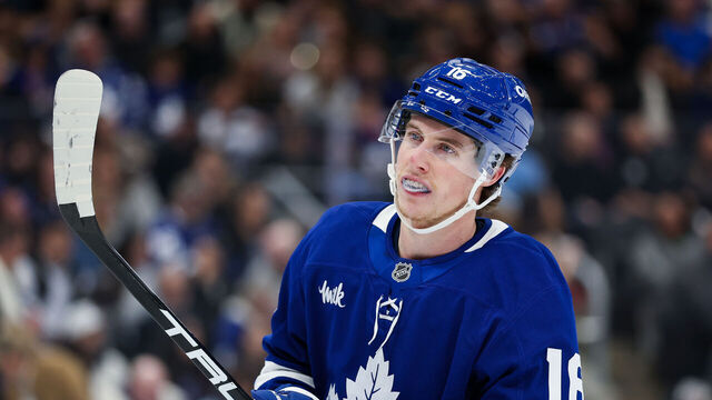 TORONTO, CANADA - MARCH 13: Mitch Marner #16 of the Toronto Maple Leafs looks on against the Florida Panthers at Scotiabank Arena on March 13, 2025 in Toronto, Ontario, Canada.