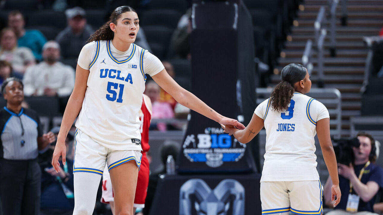 INDIANAPOLIS, INDIANA - MARCH 7: Lauren Betts #51 of the UCLA Bruins celebrates during the game against the Nebraska Cornhuskers in the Big Ten Women's Basketball Tournament quarterfinals at Gainbridge Fieldhouse on March 7, 2025 in Indianapolis, Indiana.