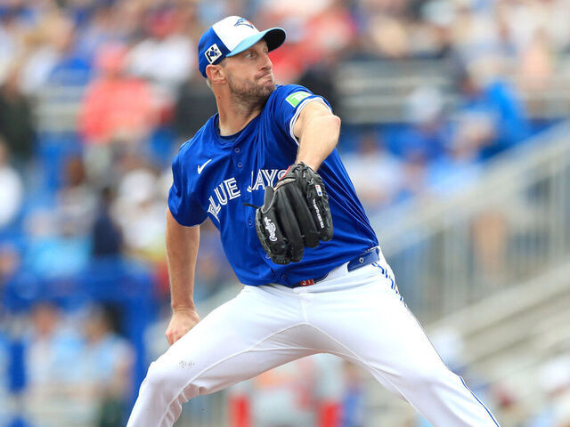 DUNEDIN, FL - FEBRUARY 25: Toronto Blue Jays pitcher Max Scherzer (31) delivers a pitch to the plate during the spring training game between the St. Louis Cardinals and the Toronto Blue Jays on February 25, at the TD Ballpark in Dunedin, FL.