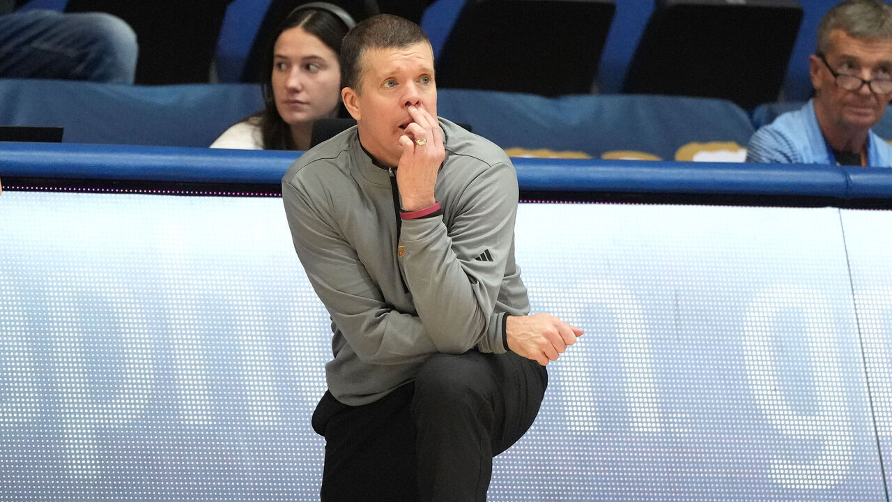 EMMITSBURG, MD - FEBRUARY 25: Head coach Tobin Anderson of the Iona Gaels looks on in the second half during a college basketball game against the Mount St. Mary's Mountaineers at the Knott Arena in Emmitsburg, Maryland.