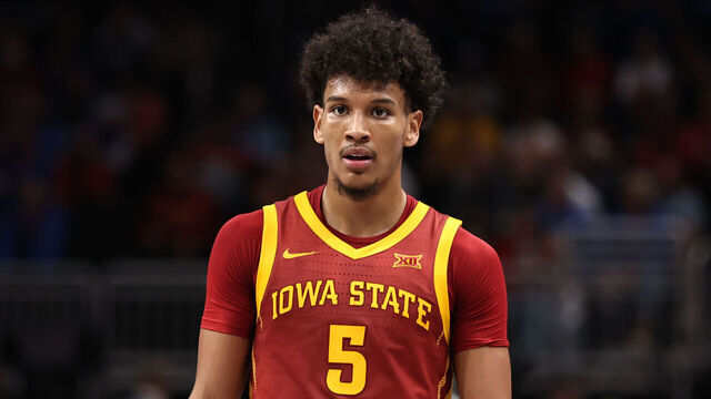 KANSAS CITY, MO - MARCH 13: Iowa State Cyclones guard Curtis Jones (5) in the first half of a Big 12 tournament quarterfinal game between the Iowa State Cyclones and BYU Cougars on March 13, 2025 at T-Mobile Center in Kansas City, MO.