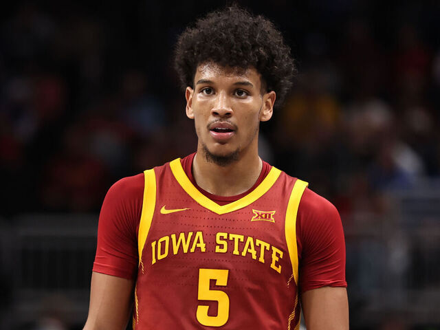 KANSAS CITY, MO - MARCH 13: Iowa State Cyclones guard Curtis Jones (5) in the first half of a Big 12 tournament quarterfinal game between the Iowa State Cyclones and BYU Cougars on March 13, 2025 at T-Mobile Center in Kansas City, MO.