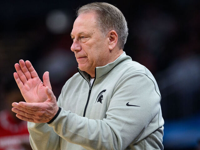 INDIANAPOLIS, IN - MARCH 15: Michigan State Spartans head coach Tom Izzo on the sidelines during the men's Big Ten tournament college basketball game between the Wisconsin Badgers and Michigan State Spartans on March 15, 2025, at Gainbridge Fieldhouse in Indianapolis, IN.