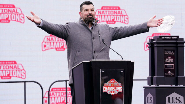 COLUMBUS, OHIO - JANUARY 26: Head coach Ryan Day of the Ohio State Buckeyes delivers remarks during the NCAA Football Championship celebration at Ohio Stadium on January 26, 2025 in Columbus, Ohio.
