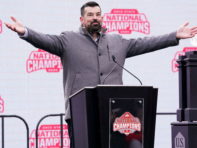 COLUMBUS, OHIO - JANUARY 26: Head coach Ryan Day of the Ohio State Buckeyes delivers remarks during the NCAA Football Championship celebration at Ohio Stadium on January 26, 2025 in Columbus, Ohio.