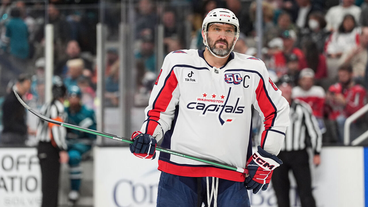 SAN JOSE, CA - MARCH 15: Alex Ovechkin #8 of the Washington Capitals waits for a face-off in the first period against the San Jose Sharks at SAP Center on March 15, 2025 in San Jose, California.