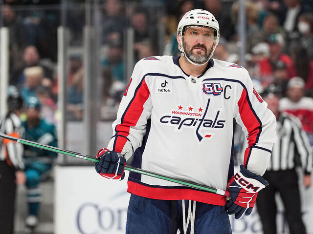 SAN JOSE, CA - MARCH 15: Alex Ovechkin #8 of the Washington Capitals waits for a face-off in the first period against the San Jose Sharks at SAP Center on March 15, 2025 in San Jose, California.