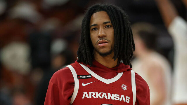 AUSTIN, TX - FEBRUARY 05: Arkansas Razorbacks guard Boogie Fland (2) on the court for warmups but in sweats due to his injury before the SEC college basketball game between Texas Longhorns and Arkansas Razorbacks on February 5, 2025, at Moody Center in Austin, Texas.