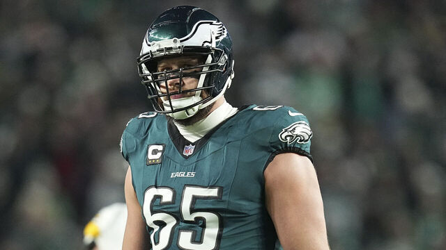 PHILADELPHIA, PENNSYLVANIA - DECEMBER 15: Lane Johnson #65 of the Philadelphia Eagles looks on against the Pittsburgh Steelers at Lincoln Financial Field on December 15, 2024 in Philadelphia, Pennsylvania.