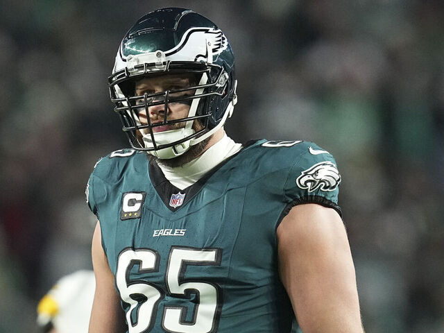 PHILADELPHIA, PENNSYLVANIA - DECEMBER 15: Lane Johnson #65 of the Philadelphia Eagles looks on against the Pittsburgh Steelers at Lincoln Financial Field on December 15, 2024 in Philadelphia, Pennsylvania.