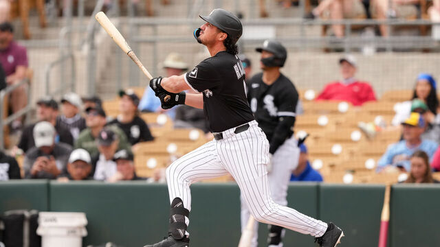 GLENDALE, ARIZONA - MARCH 13: Josh Rojas #5 of the Chicago White Sox flies out in the second inning against the Milwaukee Brewers during a spring training game at Camelback Ranch on March 13, 2025 in Glendale, Arizona.