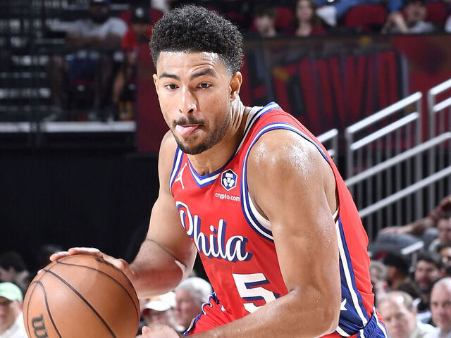 HOUSTON, TX - MARCH 17: Quentin Grimes #5 of the Philadelphia 76ers dribbles the ball during the game against the Philadelphia 76ers on March 17, 2025 at the Toyota Center in Houston, Texas. Mandatory Copyright Notice: Copyright 2025 NBAE