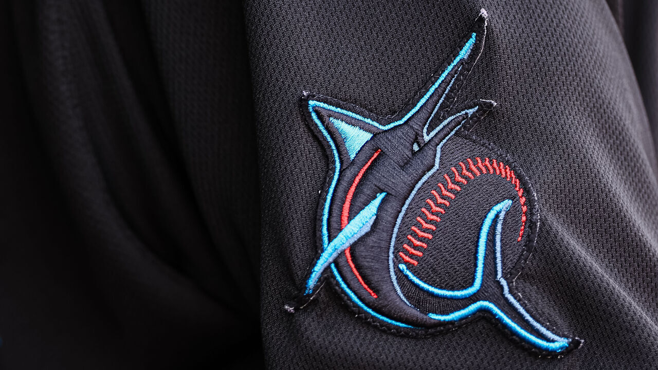 WASHINGTON, DC - JUNE 17: A general view of the Miami Marlins jersey logo before the game against the Washington Nationals at Nationals Park on June 17, 2023 in Washington, DC.