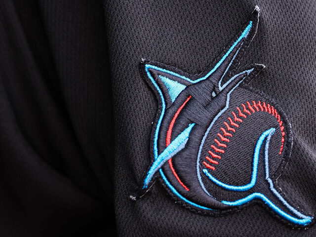 WASHINGTON, DC - JUNE 17: A general view of the Miami Marlins jersey logo before the game against the Washington Nationals at Nationals Park on June 17, 2023 in Washington, DC.