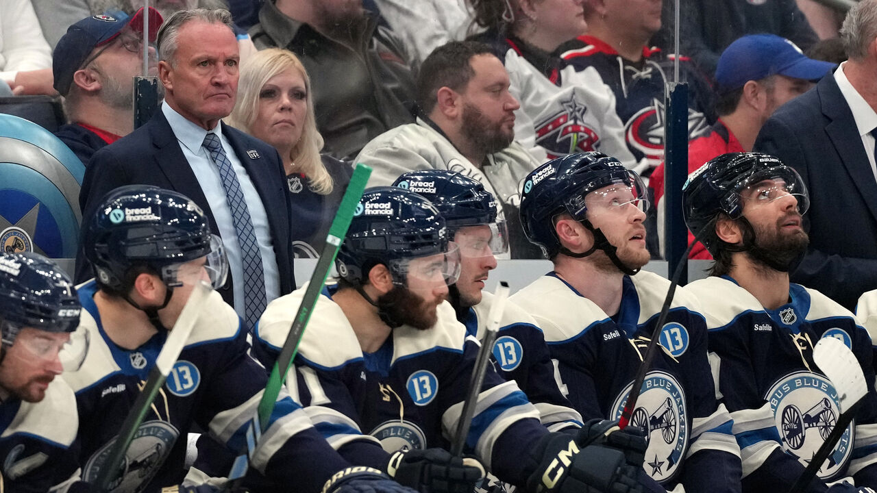 COLUMBUS, OHIO - MARCH 15: Dean Evason head coach of the Columbus Blue Jackets looks on during the game against the New York Rangers at Nationwide Arena on March 15, 2025 in Columbus, Ohio.