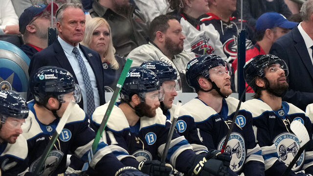 COLUMBUS, OHIO - MARCH 15: Dean Evason head coach of the Columbus Blue Jackets looks on during the game against the New York Rangers at Nationwide Arena on March 15, 2025 in Columbus, Ohio.