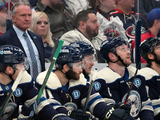 COLUMBUS, OHIO - MARCH 15: Dean Evason head coach of the Columbus Blue Jackets looks on during the game against the New York Rangers at Nationwide Arena on March 15, 2025 in Columbus, Ohio.