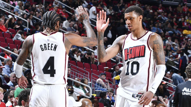 HOUSTON, TX - MARCH 10: Jalen Green #4 and Jabari Smith Jr. #10 of the Houston Rockets high five during the game against the Orlando Magic on March 10, 2025 at the Toyota Center in Houston, Texas. Mandatory Copyright Notice: Copyright 2025 NBAE
