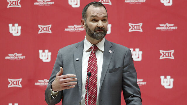 SALT LAKE CITY, UT - MARCH 17: Alex Jensen new head coach of the Utah Utes mens basketball team speaks during a news conference at the Jon M Huntsman Center on March 17, 2025 in Salt Lake City, Utah.