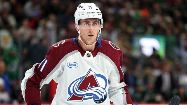 ST PAUL, MINNESOTA - MARCH 11: Brock Nelson #11 of the Colorado Avalanche looks on against the Minnesota Wild in the second period at Xcel Energy Center on March 11, 2025 in St Paul, Minnesota.