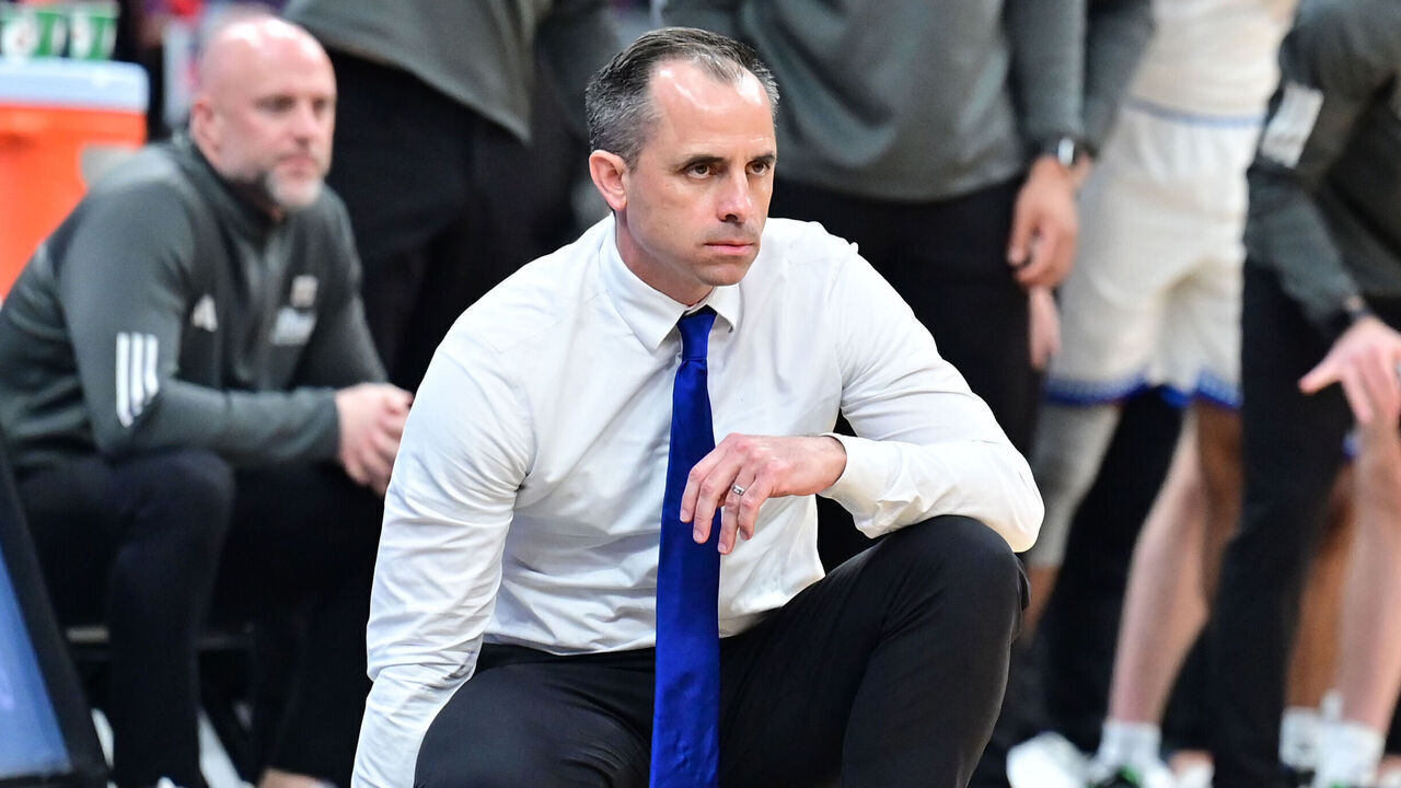 ST. LOUIS, MO - MARCH 09: Drake Bulldogs head coach Ben McCollum watches his team play late in the game during the finals of the Missouri Valley Conference Basketball Tournament between the Bradley Braves and the Drake Bulldogs on March 09, 2025, at Enterprise Center, St. Louis MO.