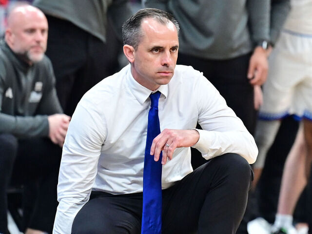 ST. LOUIS, MO - MARCH 09: Drake Bulldogs head coach Ben McCollum watches his team play late in the game during the finals of the Missouri Valley Conference Basketball Tournament between the Bradley Braves and the Drake Bulldogs on March 09, 2025, at Enterprise Center, St. Louis MO.
